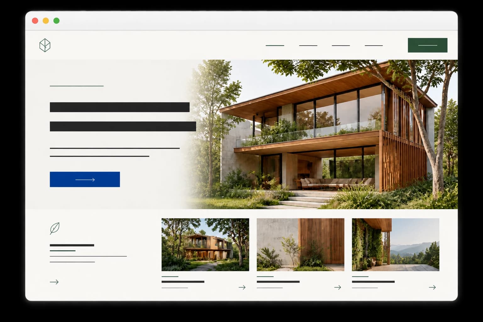 Janela de navegador com controles do macOS exibindo um site fictício de arquitetura sustentável