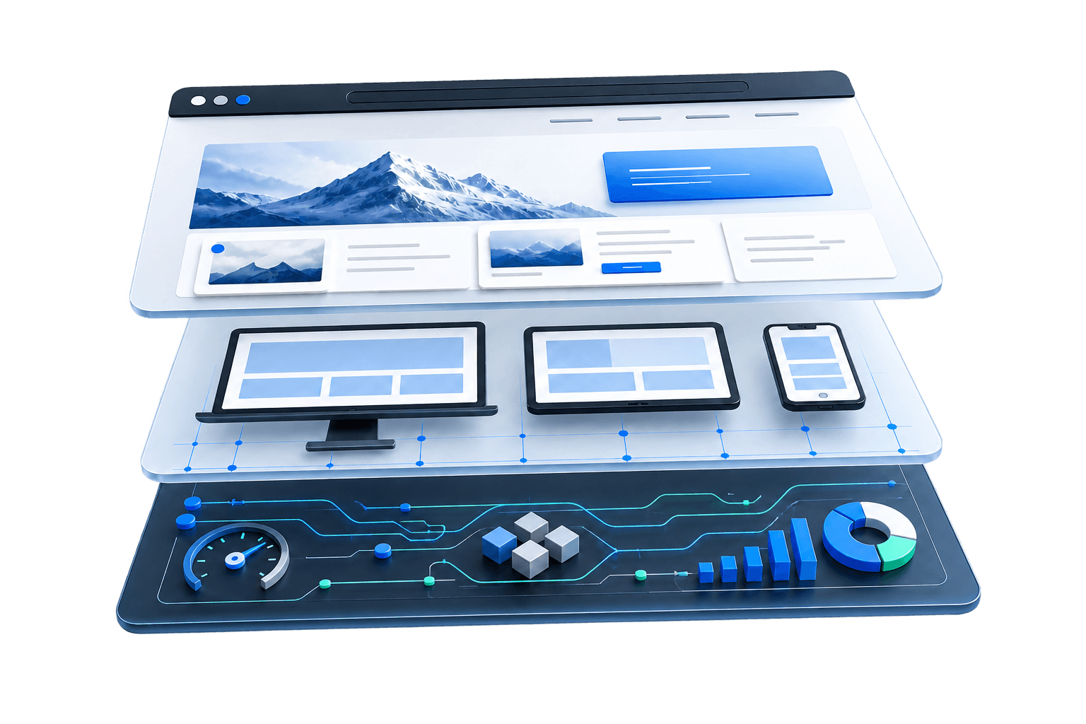 Website profissional desmontado em camadas de design, conteúdo, responsividade, SEO, performance e código